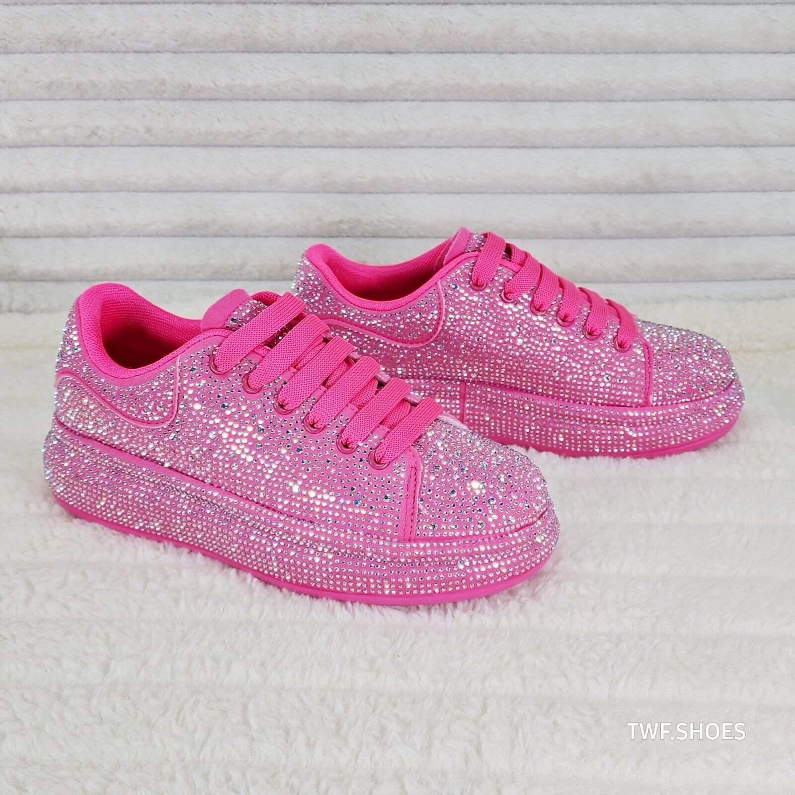 Dazzle Cush Bright Hot Pink Neon Rhinestone Comfy Platform Sneakers Tennis Shoes - Totally Wicked Footwear