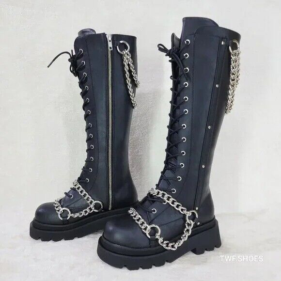 Renegade Lace Up Draped Chain Combat Knee High Boots Goth Punk Rocker Biker Boot