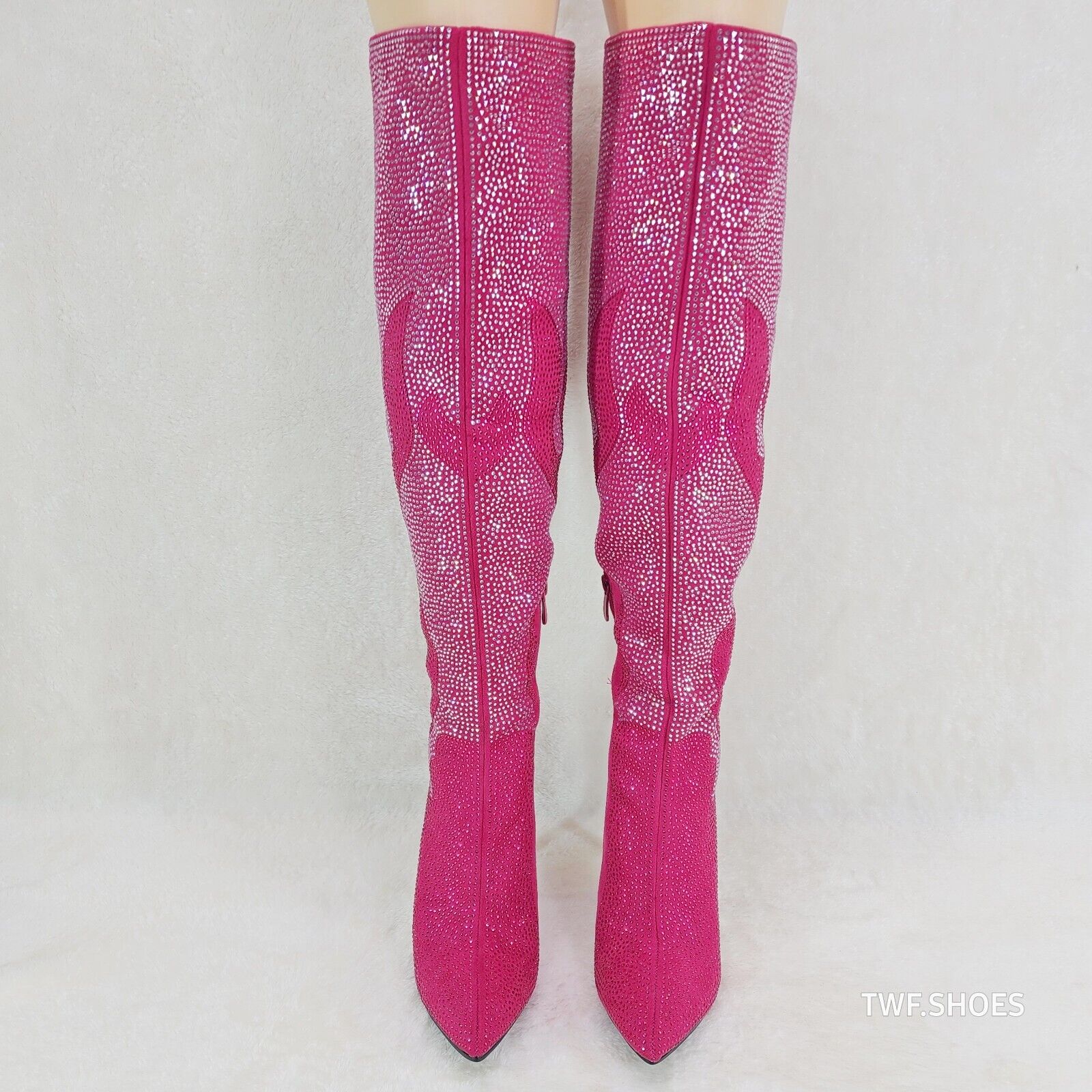Fiery Desire Hot Fuchsia Pink Rhinestone Flame Detail Sexy OTK Thigh Boots - Totally Wicked Footwear