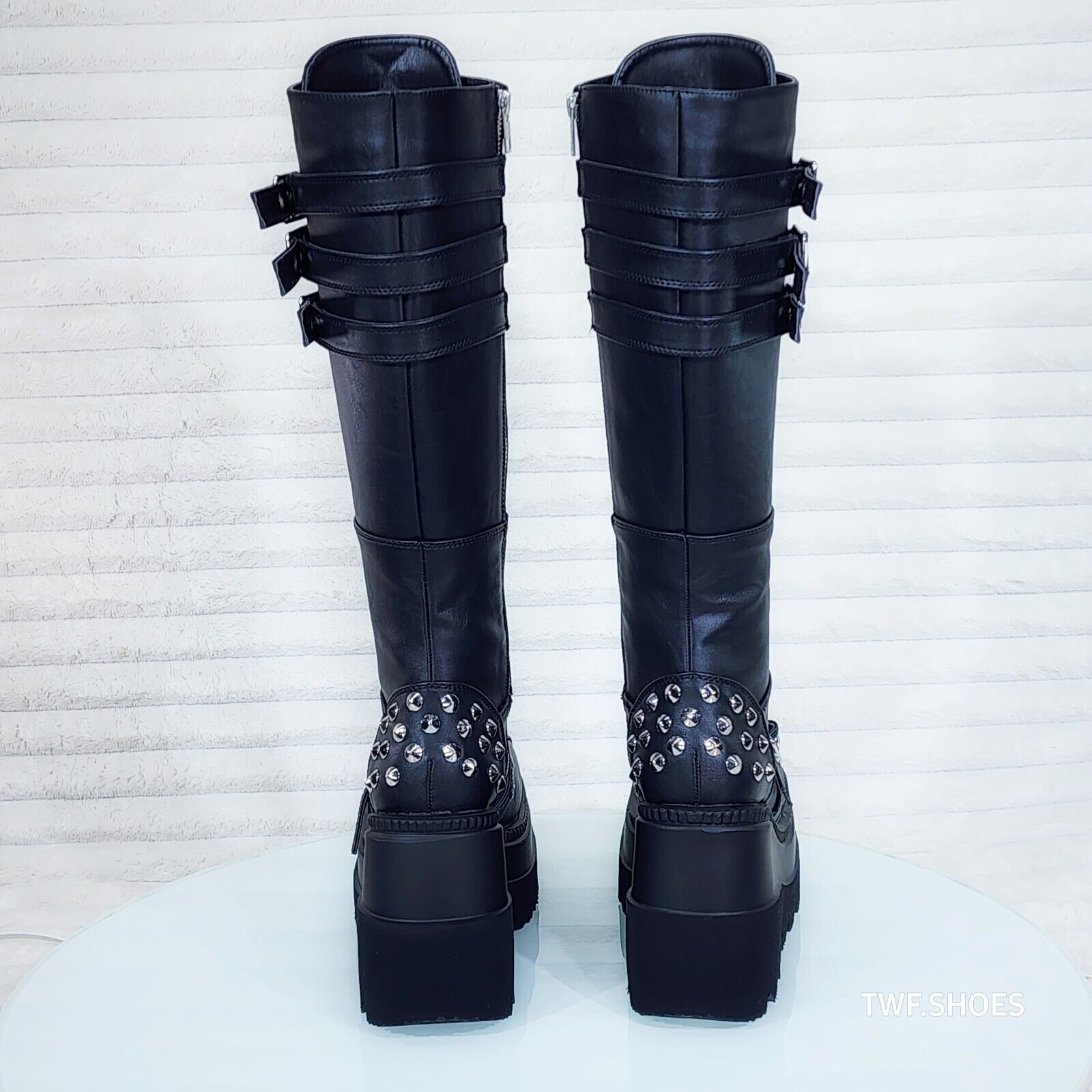 Shaker 225 Black Matte Platform 4.5" Wedge Heel Spiked Knee Boots NY DEMONIA - Totally Wicked Footwear