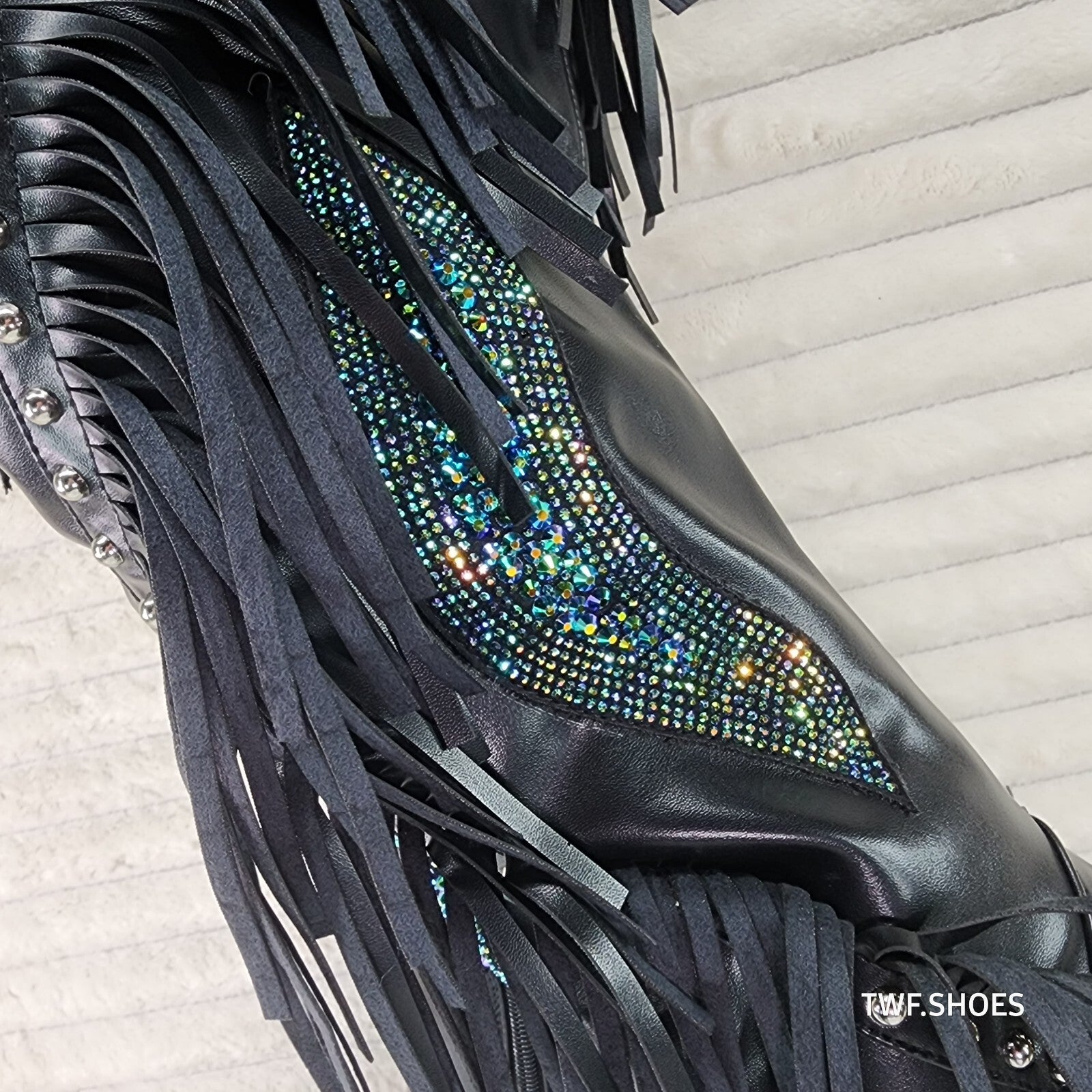 Frenzy Black Fringe Rhinestone Over The Knee Thigh Boots Azalea Wang