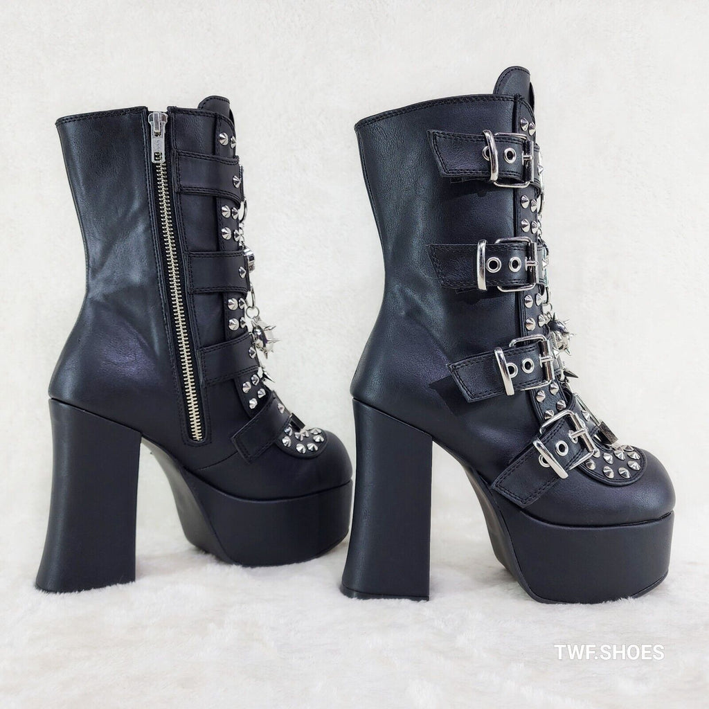 Charade 118 Mace Charms Platform Chunky Heel Goth Mid Calf Boot IN HOUSE DEMONIA