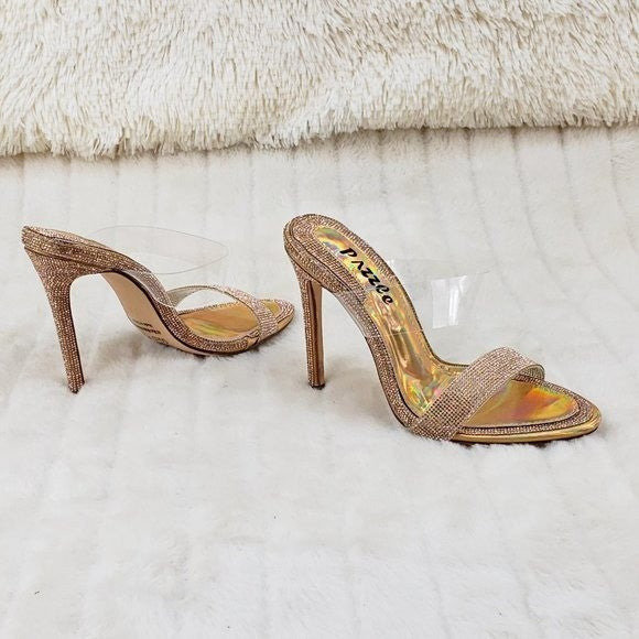 Lee Gold Rhinestone Slip On Double Strap High Heel Clog Mule Shoes