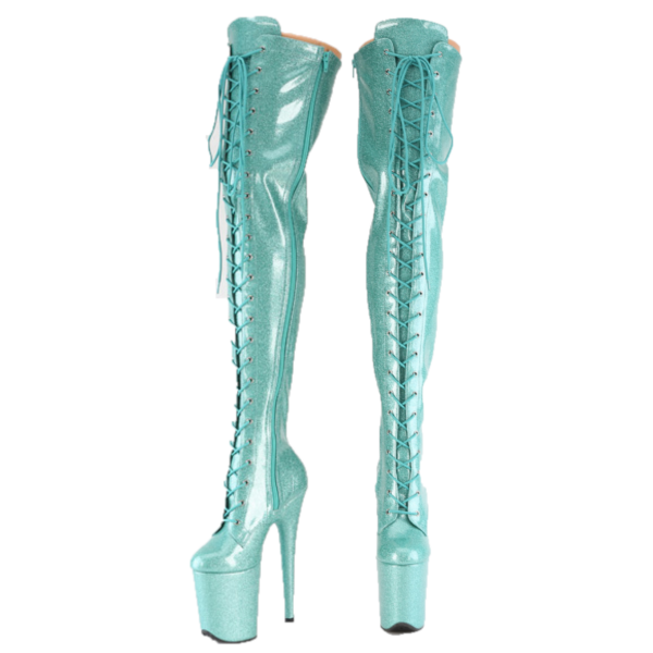 3020 Aqua Glitter Patent 3020 Lace Up Thigh High Platform Boots Flamingo 8" Heel - Totally Wicked Footwear