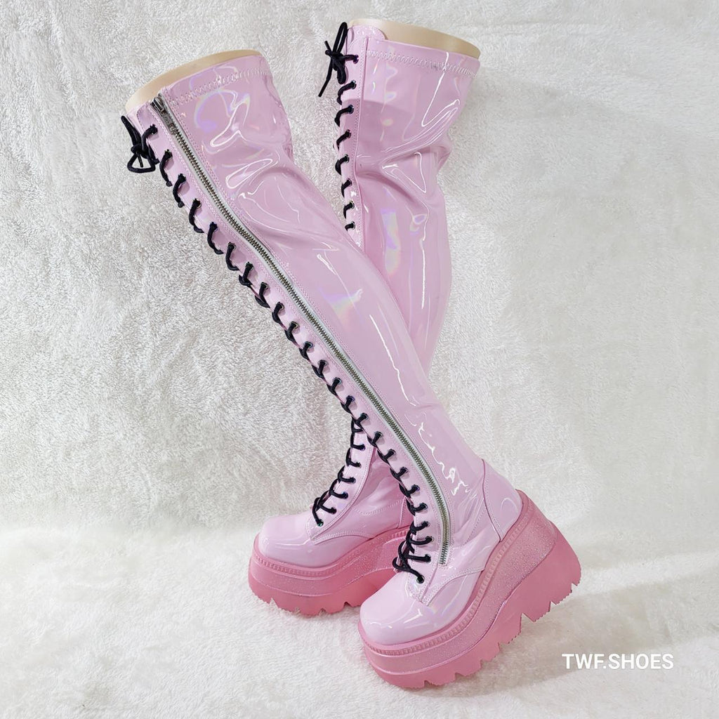 Shaker 374 Pink Patent Platform 4.5" Wedge Heel Over The Knee Boots NY DEMONIA - Totally Wicked Footwear