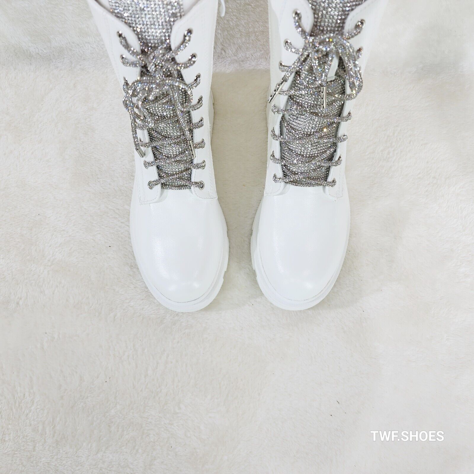 Rylee White Combat Ankle Boots Iridescent Rhinestone Tongue & Rope Laces - Totally Wicked Footwear