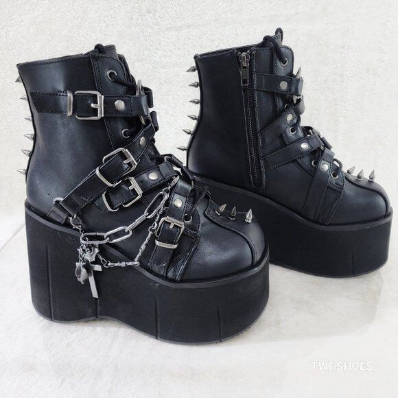 Demonia Kera Goth Platform Wedge Ankle Boots With Chain Charms & Pentagram - Totally Wicked Footwear