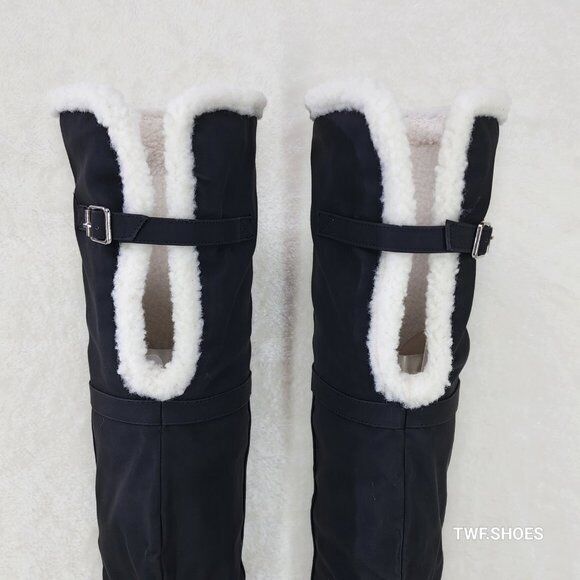 Cozy Craze Black Nubuck Over The Knee Fleece High Heel Thigh Boots - Totally Wicked Footwear