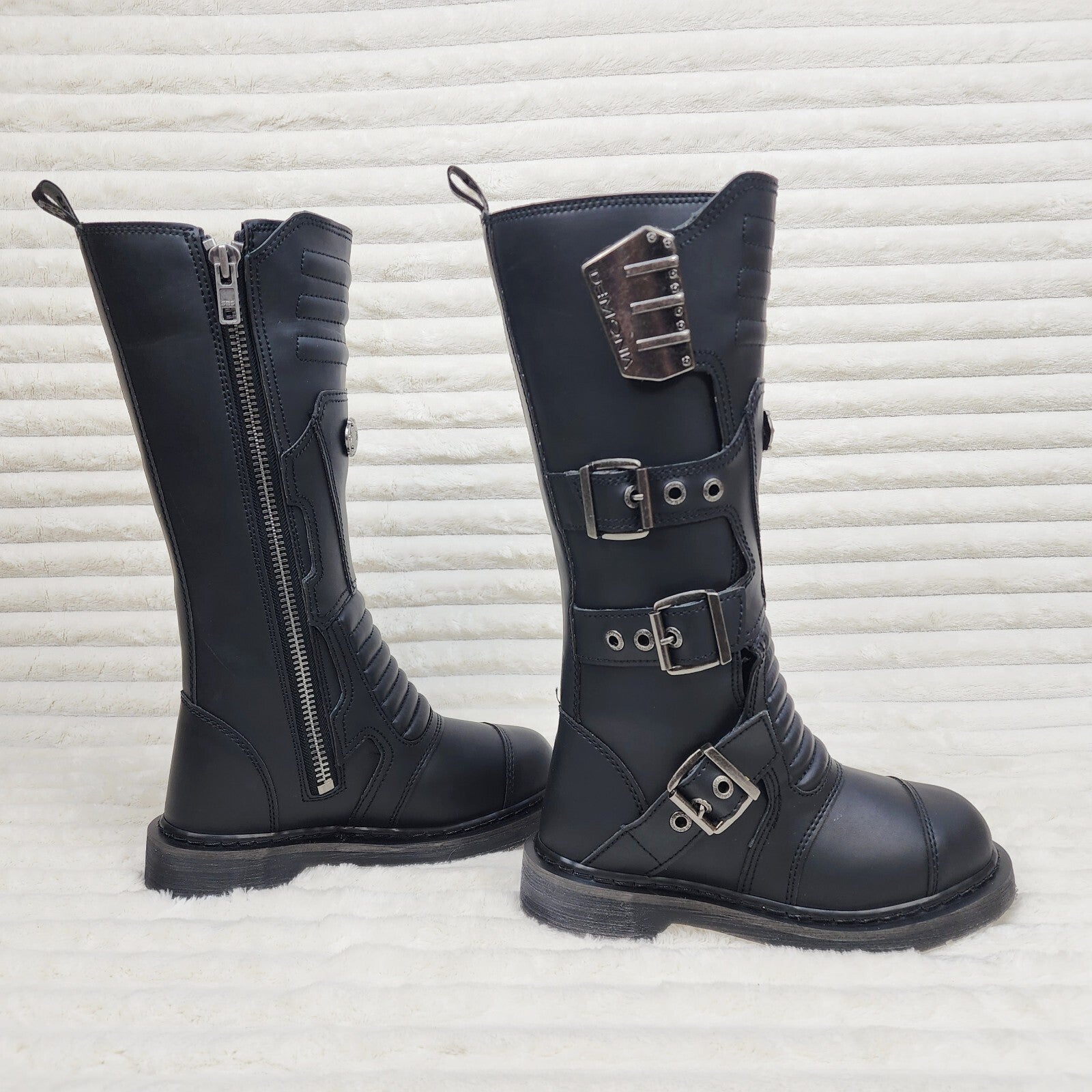 DEMONIA Bolt 405 Goth Combat Biker Knee Boots Black Matte Men Sizes