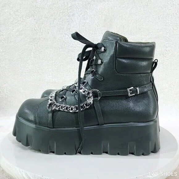 Emo Stomp 2" Platform Stomper Ankle Boots With Chain Design Faux Leather Green