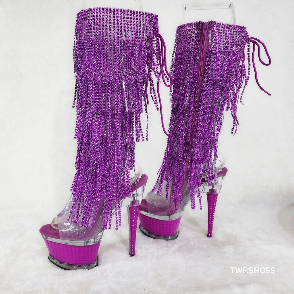 Illusion Fuchsia Pink Textured Platform Fringe High Heel Open Toe Knee Boots