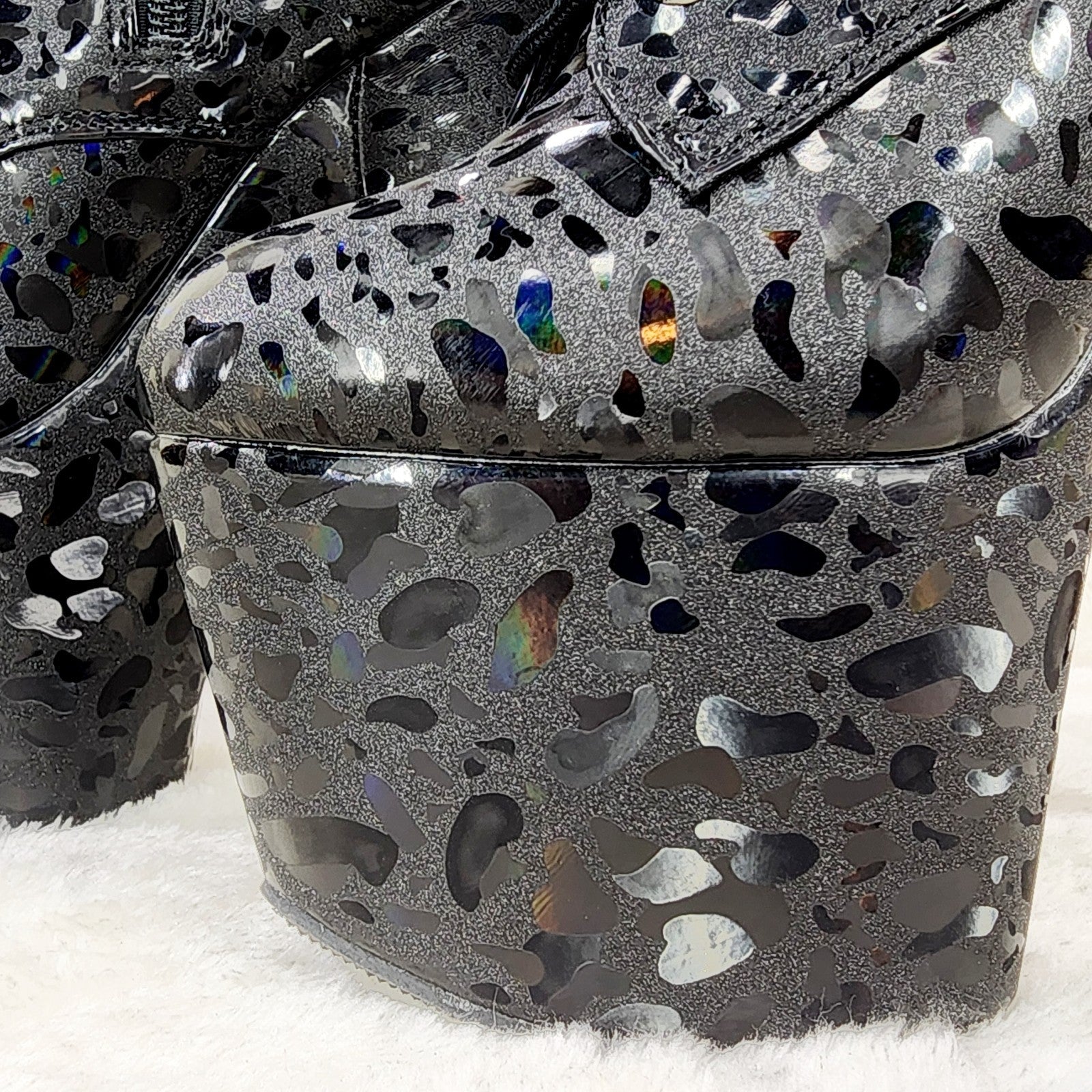 Adore 1040 Black Leopard Hologram 7" High Heel Platform Mid Calf Ankle Boots