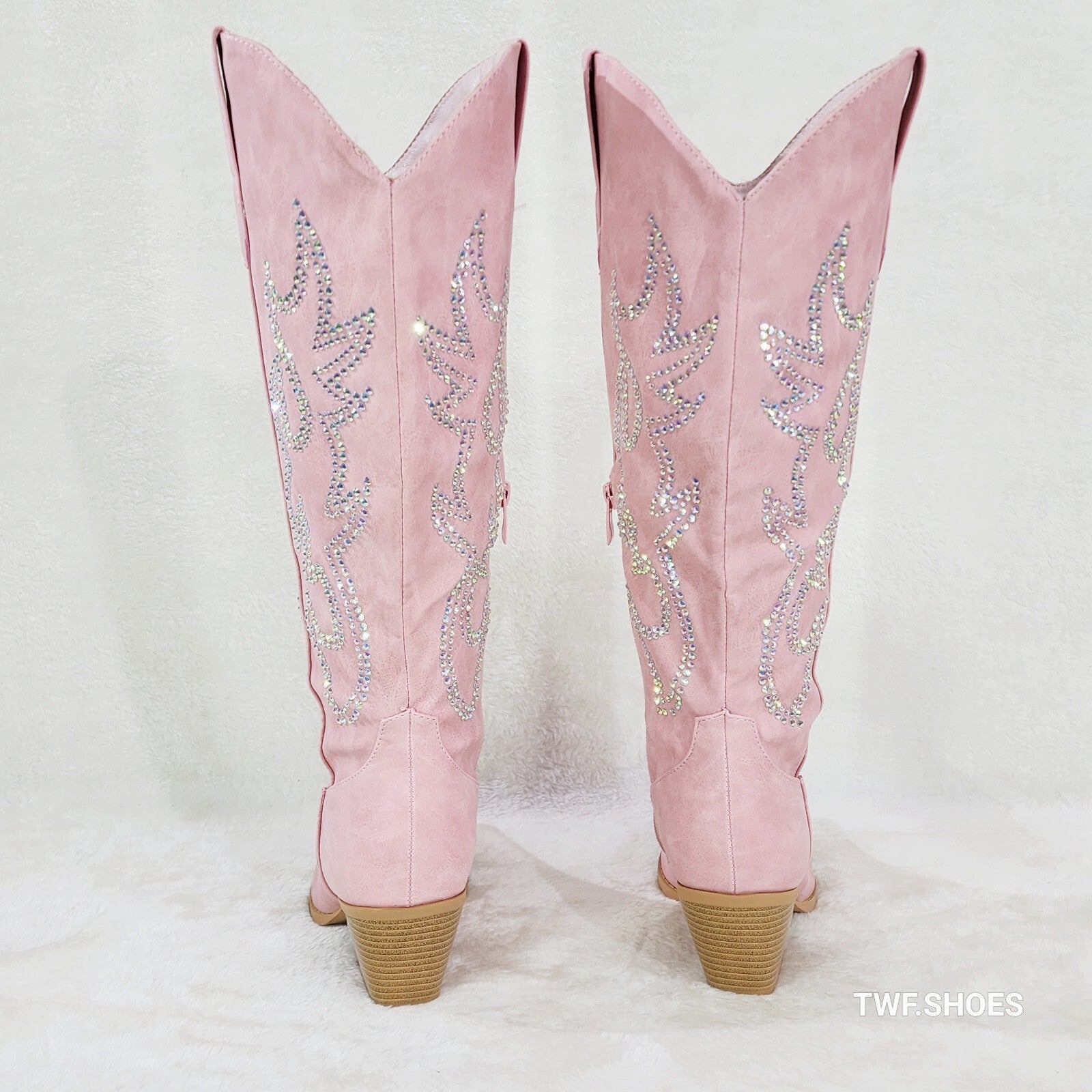 Ann Pink Leatherette With Rhinestones Country Glam Western Cowgirl Knee Boots