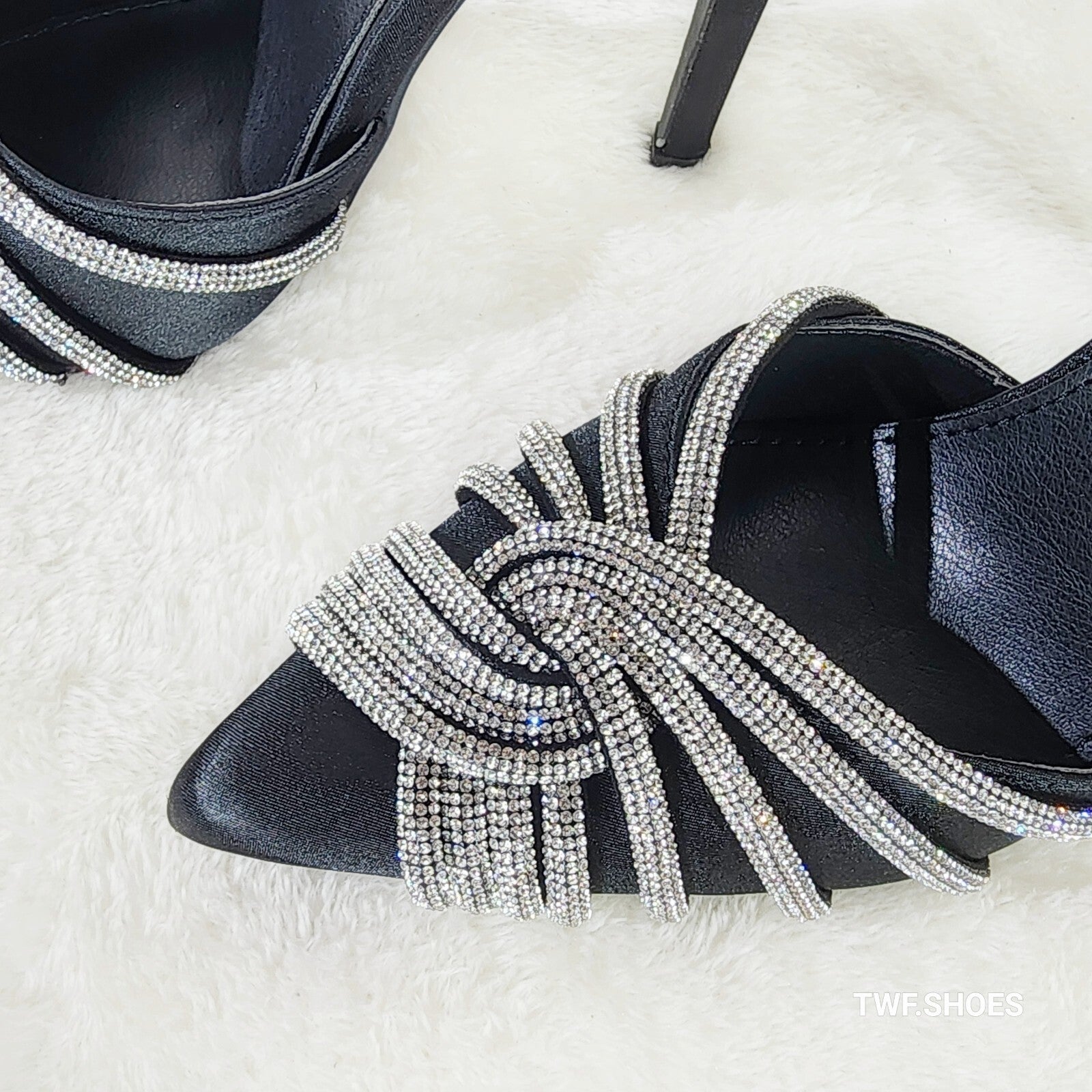 Elegance Slip on Slingback Black Satin Rhinestone Pointy Toe High Heels Shoes