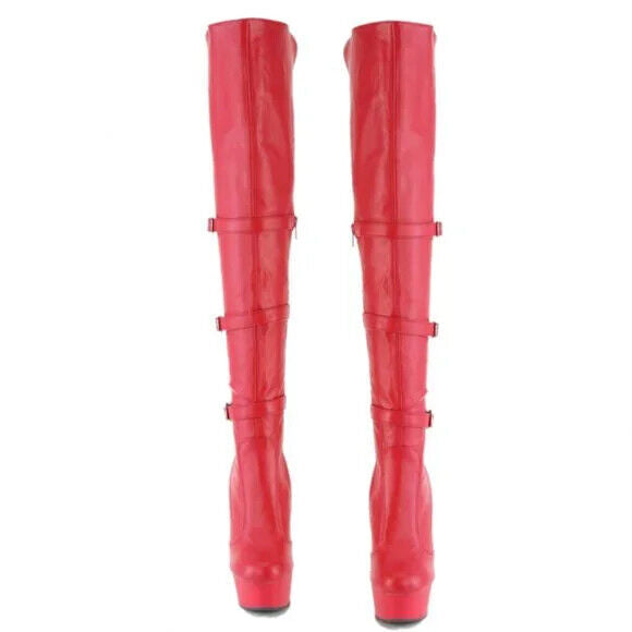 Delight 3018 Red Vegan Leather OTK Over the Knee Platform Thigh Boots - Totally Wicked Footwear