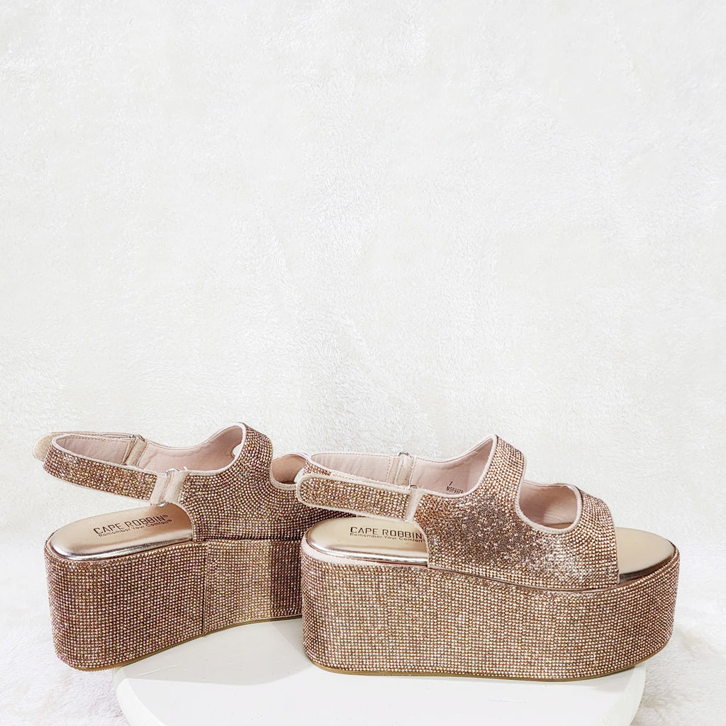 Oh Yeah Rose Gold 3" Platform Sparkling Rhinestone Flatform Slingback Sandals - Totally Wicked Footwear