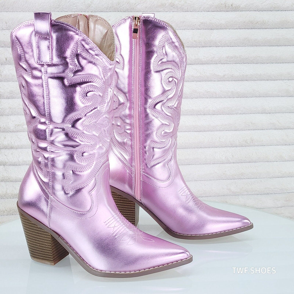 Electric Mid Calf Cowboy Metallic Baby Pink Matte Western Cowgirl Boots - Totally Wicked Footwear