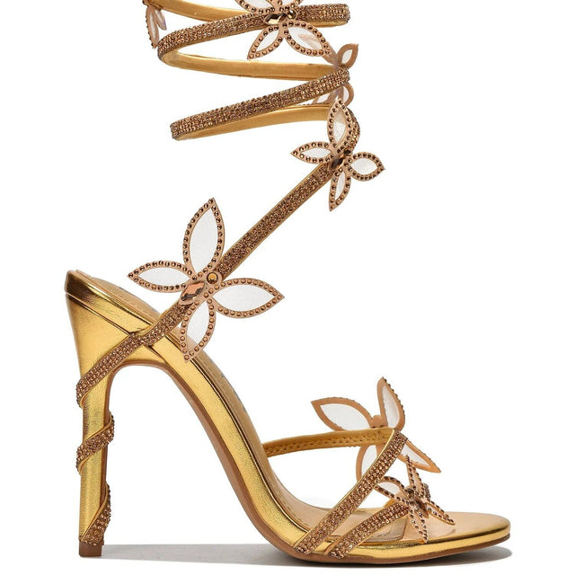 Fly Girl Gold Upper & Rhinestones Butterfly Wrap Strap High Heels - Totally Wicked Footwear