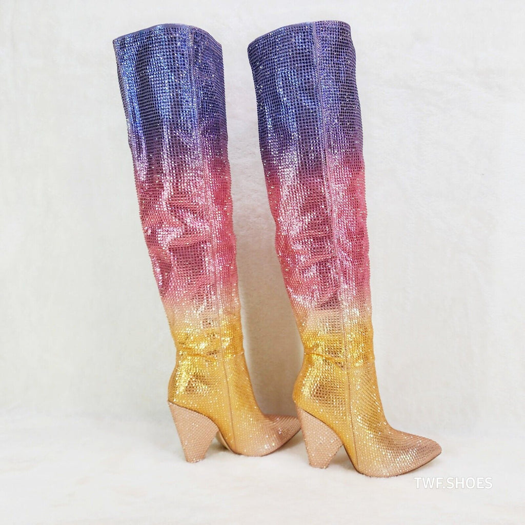 Vegas Gold Ombre Rhinestone OTK Thigh boots 4.25" Heels Party Boots Pink Purple - Totally Wicked Footwear
