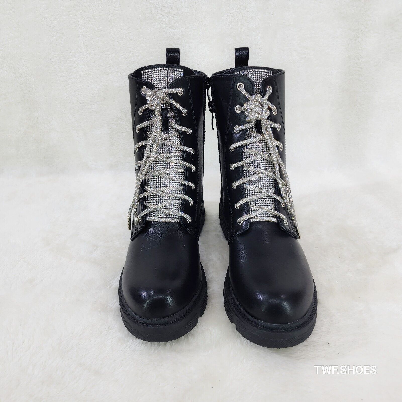 Rylee Black Combat Ankle Boots Iridescent Rhinestone Tongue & Rope Laces - Totally Wicked Footwear