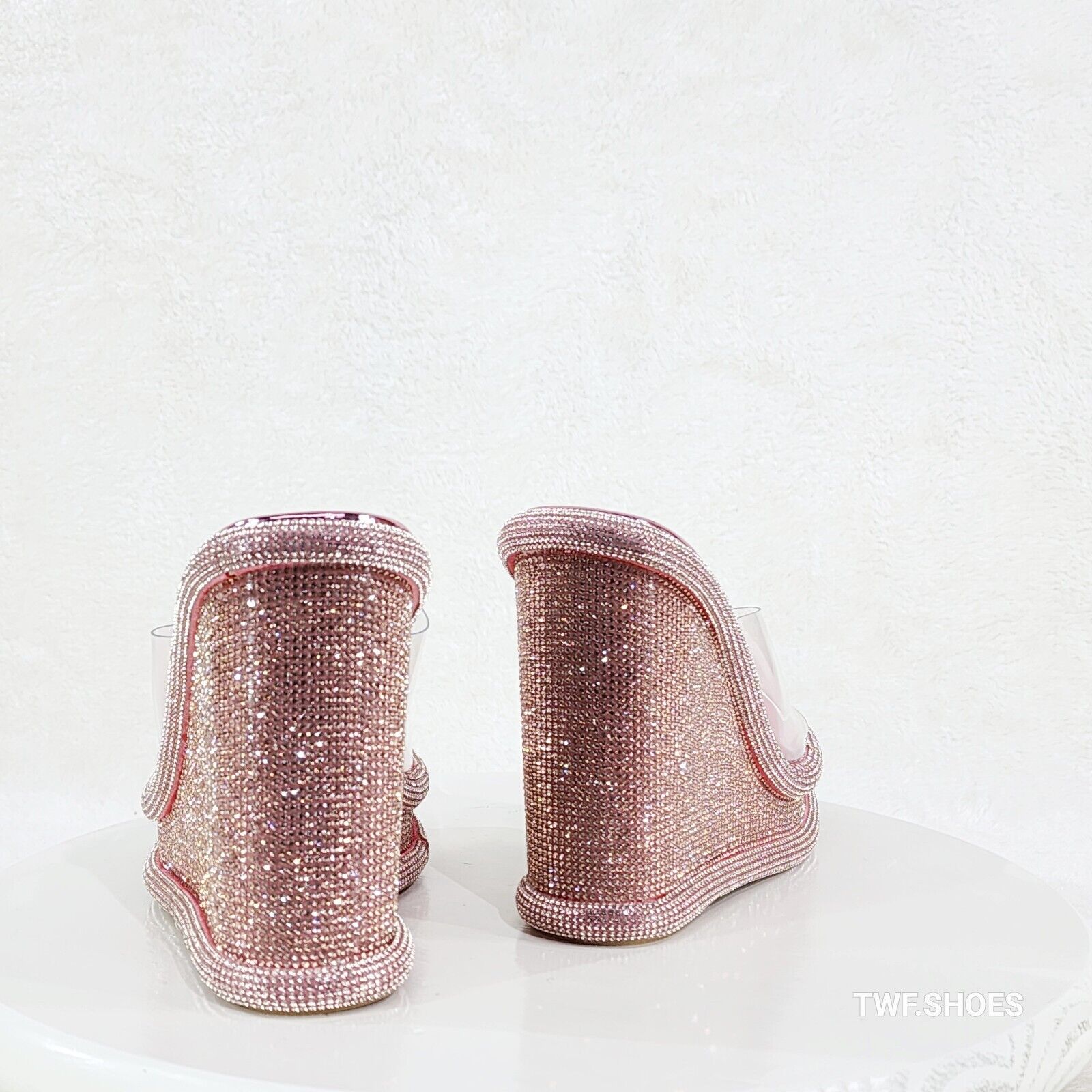 Zesty Pink Rose Gold Rhinestone Platform Wedge Heel Slip On Sandals - Totally Wicked Footwear