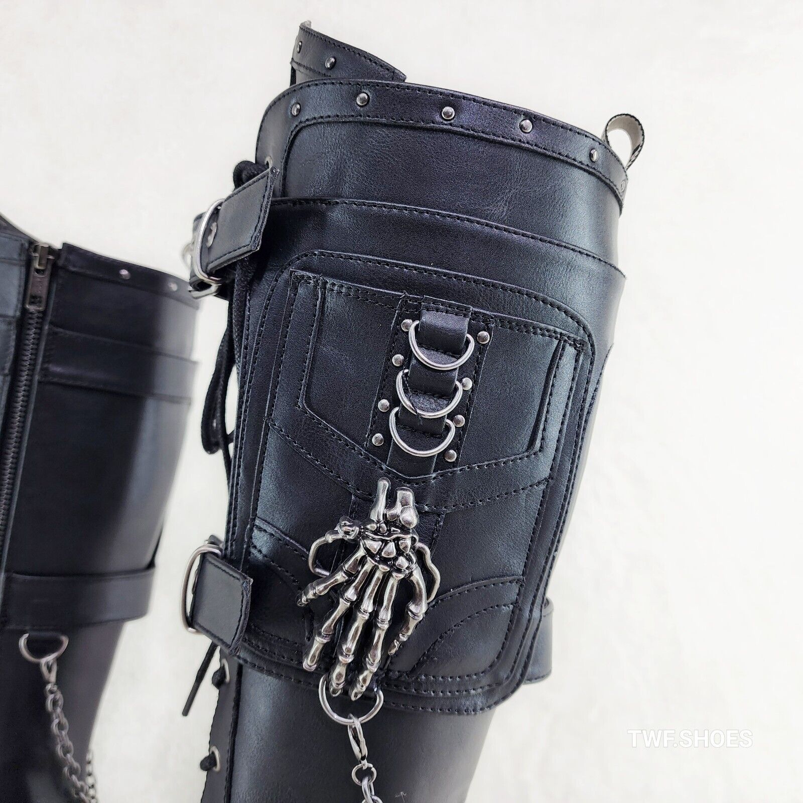 Wicked Wrath Square Toe Goth Lace Up Knee High Boots Skull Hand In House DEMONIA - Totally Wicked Footwear