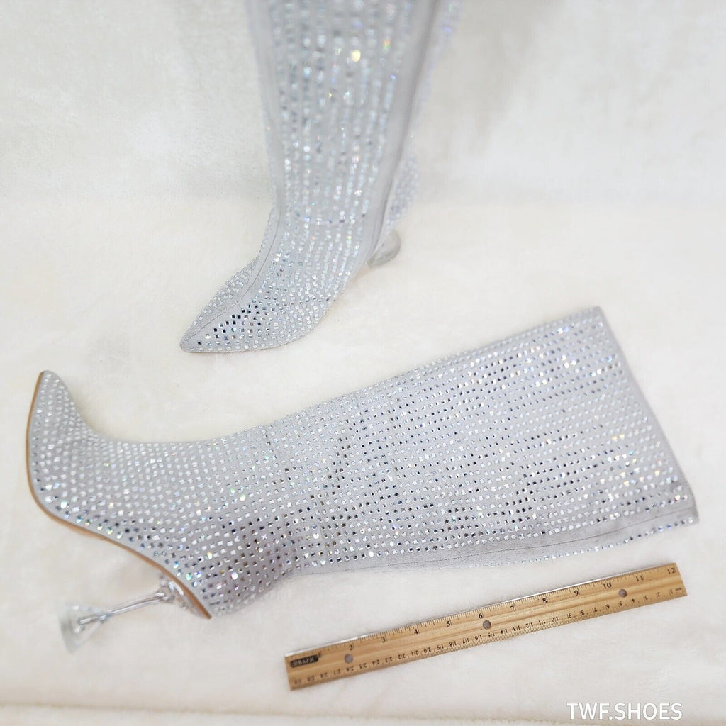 Glamour Shot Mirrored Rhinestone 4" Pyramid Heel Knee Boots Silver Gray - Totally Wicked Footwear