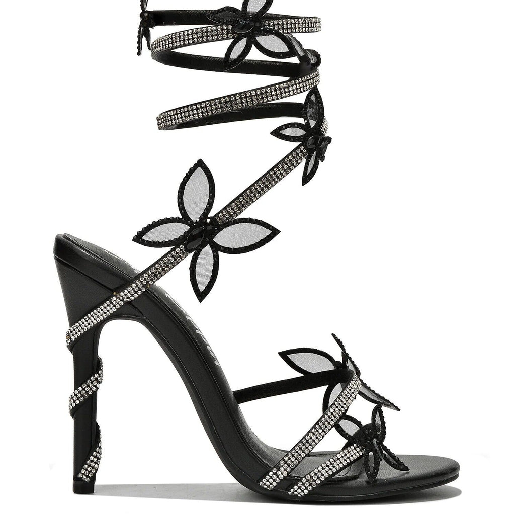 Fly Girl White Upper & Rhinestones Black Butterfly Wrap Strap High Heels - Totally Wicked Footwear