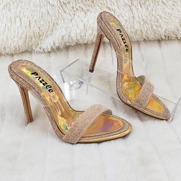 Lee Gold Rhinestone Slip On Double Strap High Heel Clog Mule Shoes