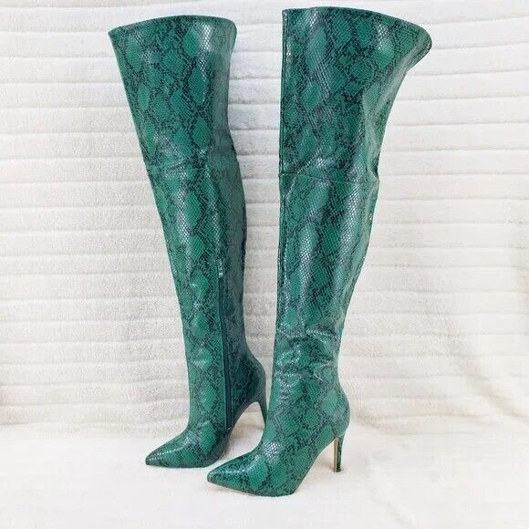 Brand New Bad Girlz Green Snake Wide Top Thigh High Heel Boots