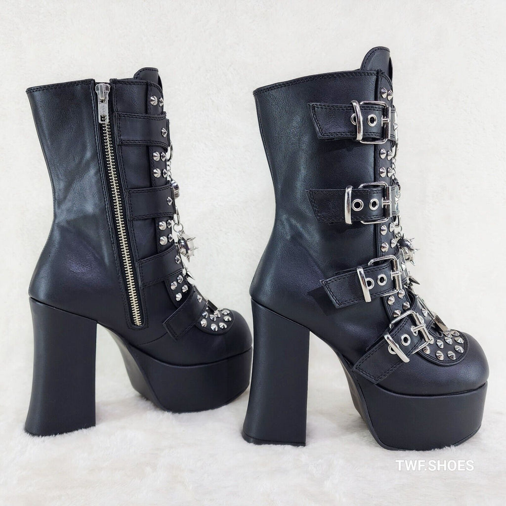 Charade 118 Mace Charms Platform Chunky Heel Goth Mid Calf Boot IN HOUSE DEMONIA