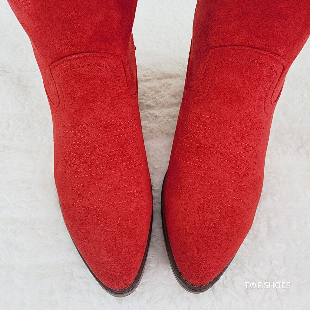 Wild Ones Red Faux Suede Pull On Mid Calf Cowboy Cowgirl Boots - Totally Wicked Footwear