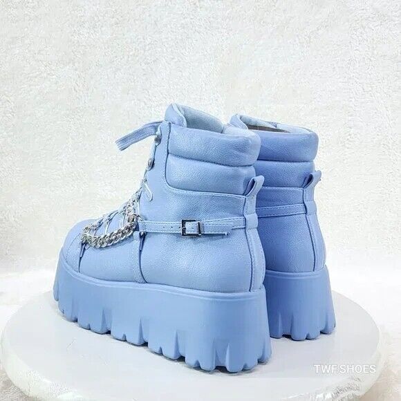 Emo Stomp 2" Platform Stomper Ankle Boots With Chain Design Baby Blue