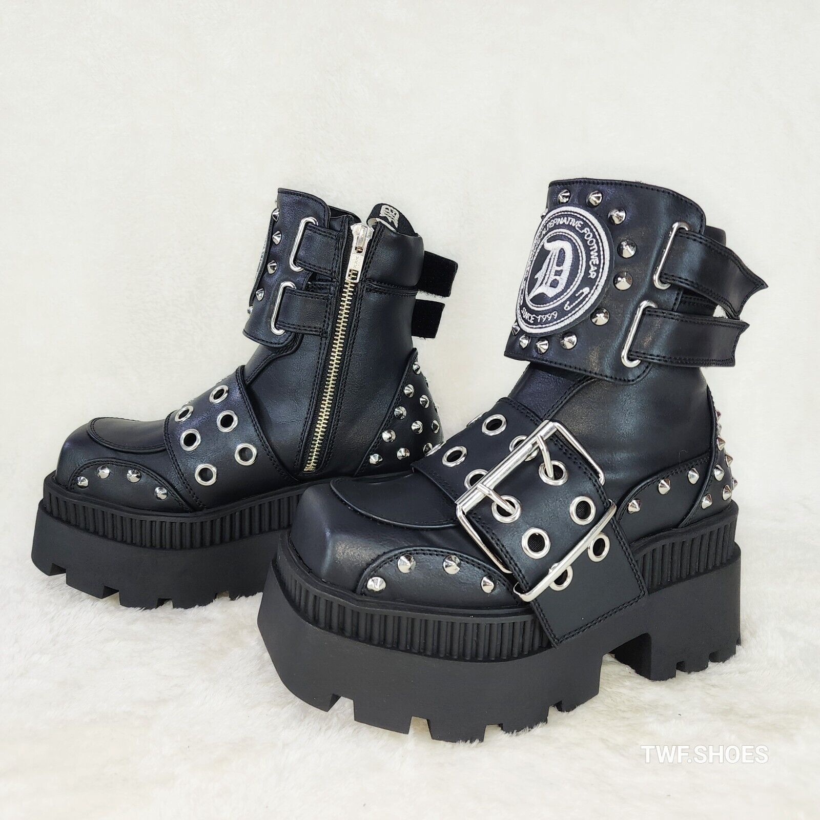 Wicked Wrath 58 Square Toe Goth Lace Up Big Buckle Strap Ankle Boots - Totally Wicked Footwear