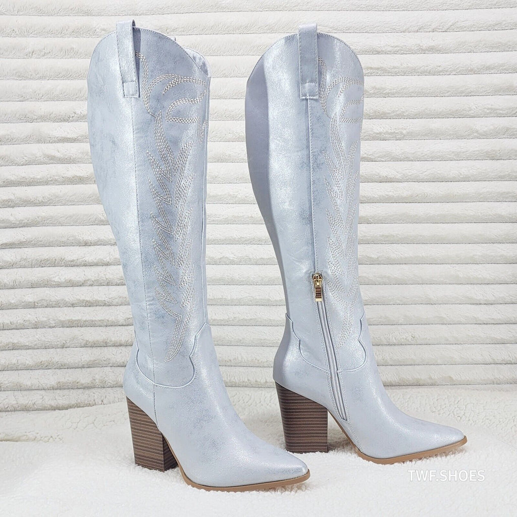 So Me Cruising Brushed Metallic Western Cowgirl Knee Boots Silver - Totally Wicked Footwear