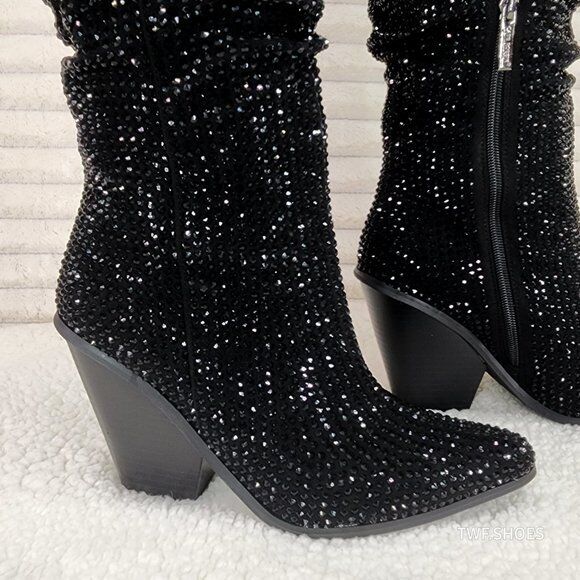 Cape Robbin Diamond Rider Black Rhinestone  Western Slouch Draped Knee Boots - Totally Wicked Footwear