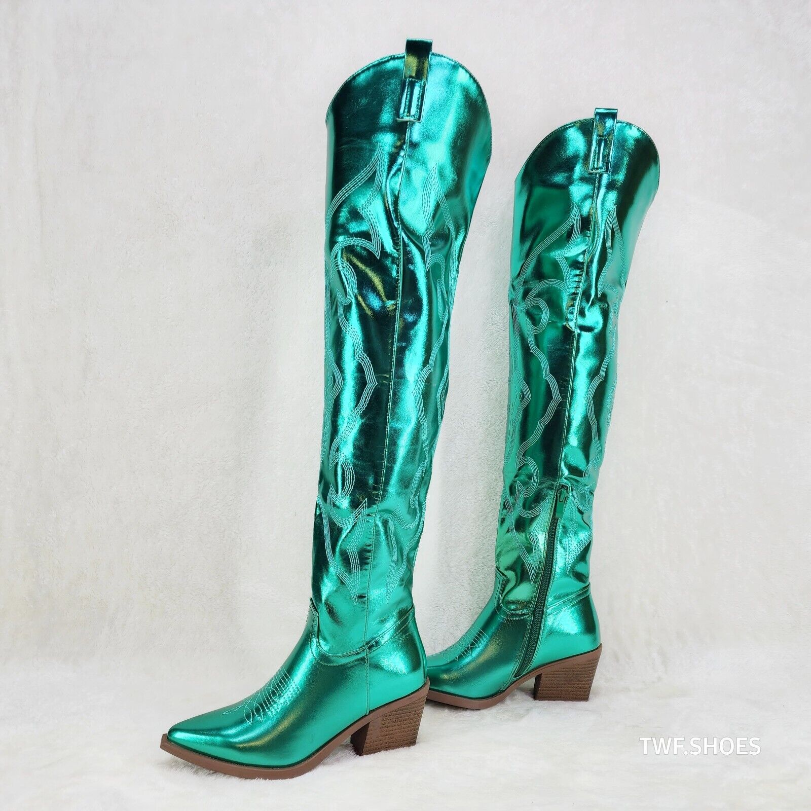 Country Disco Cowboy Metallic Green Western Cowgirl OTK Thigh Boots - Totally Wicked Footwear