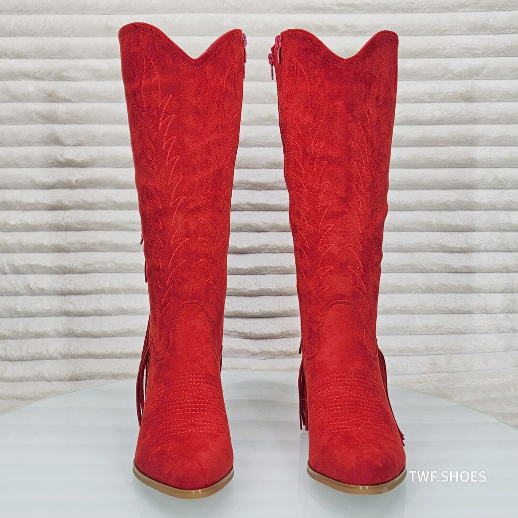 Dusty Roads Red Faux Suede Back Fringe Western Cowgirl Boots - Totally Wicked Footwear
