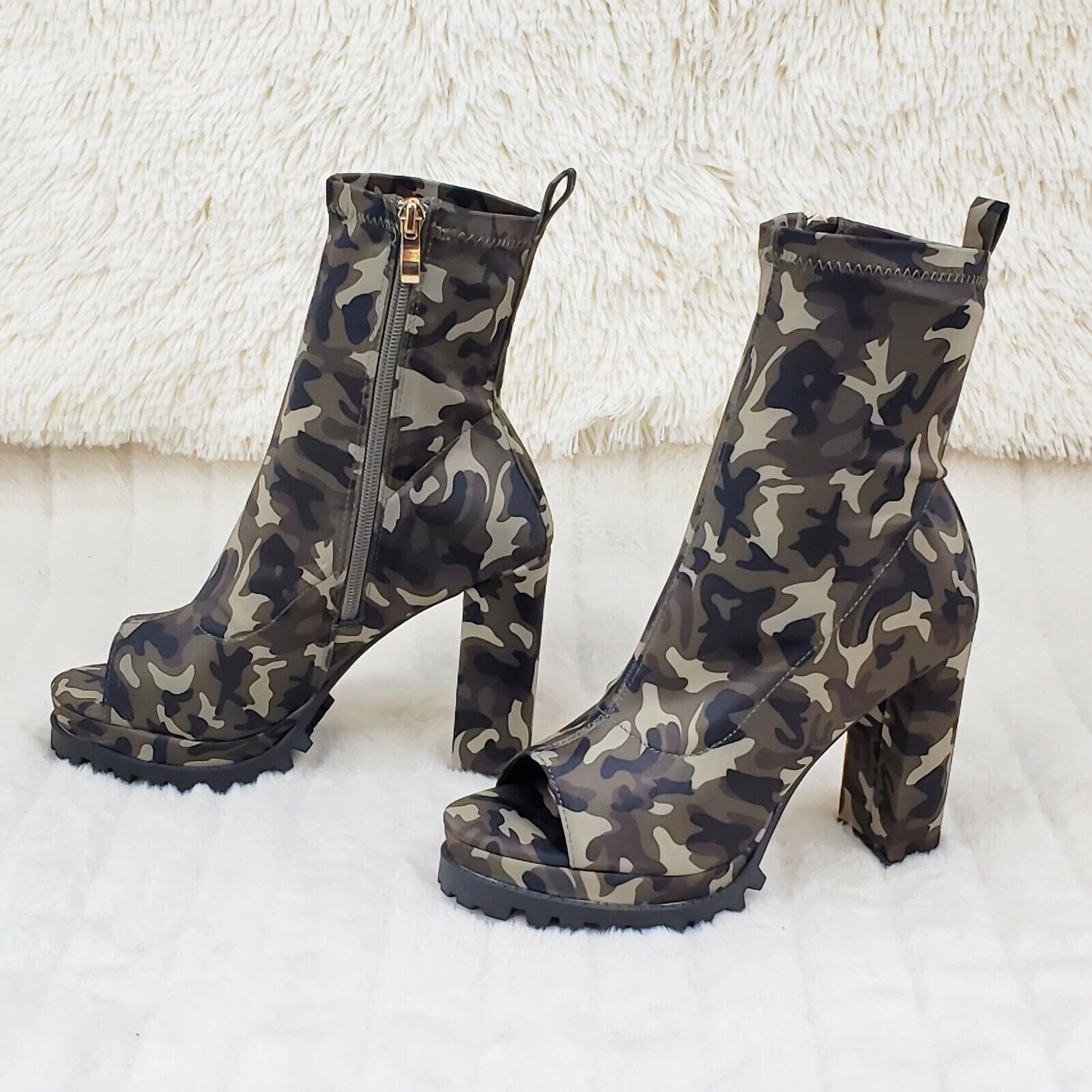 Natalie Camo Print Chunky Heel Stretch Open Toe Lug Sole Ankle Boots - Totally Wicked Footwear