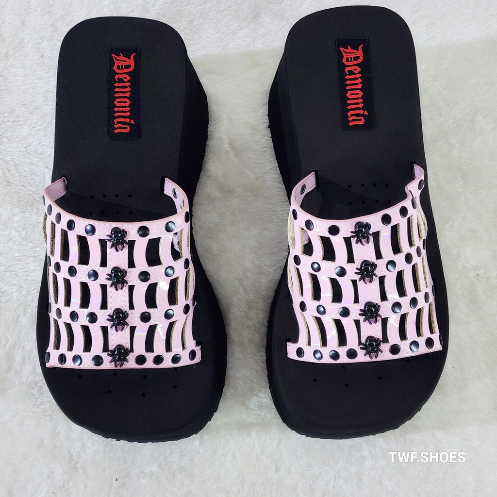 Funn Platform Goth Cut Out Web Sandals Spider Studs Slip On Shoes Pink Hologram - Totally Wicked Footwear