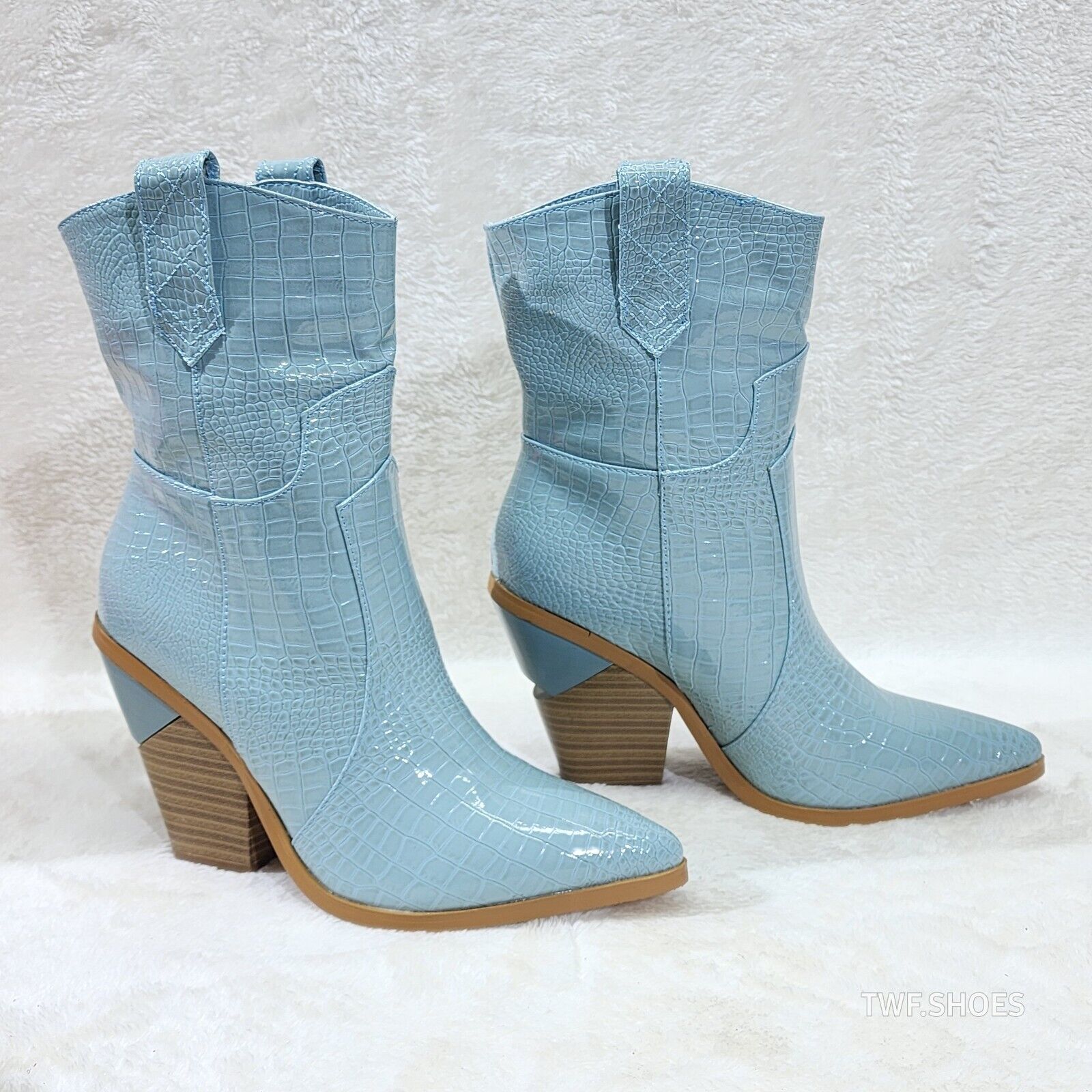 Twisted Blue Patent Country Western Cowgirl Ankle Boots 2 Tone Split Cut Heels - Totally Wicked Footwear