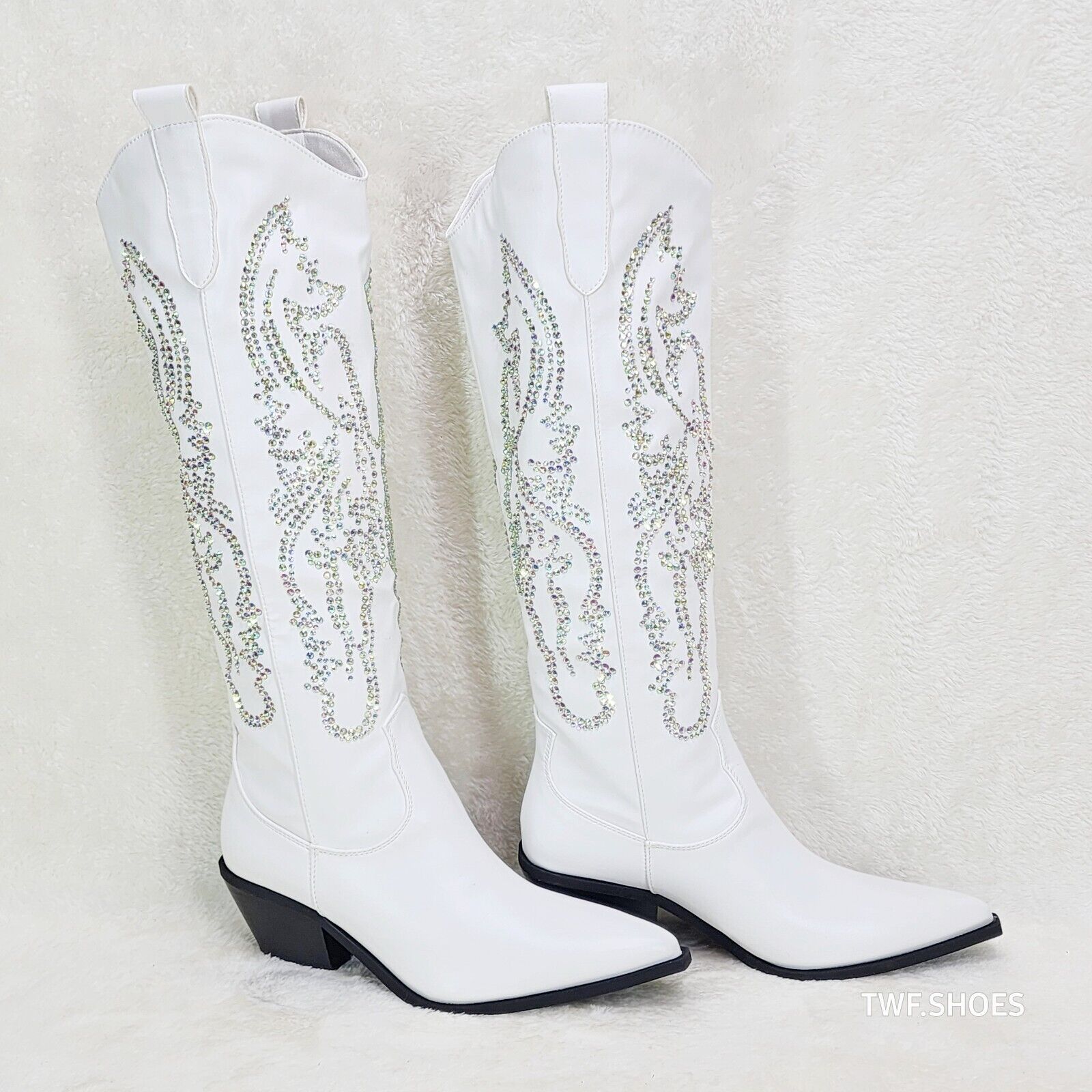 Razzle White Country Western Cowgirl Knee Boots Rhinestone Dazzle - Totally Wicked Footwear
