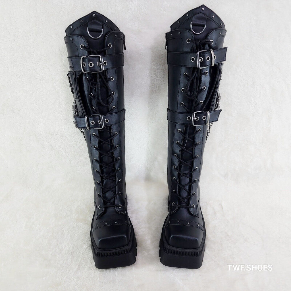 Wicked Wrath Square Toe Goth Lace Up Knee High Boots Skull Hand In House DEMONIA