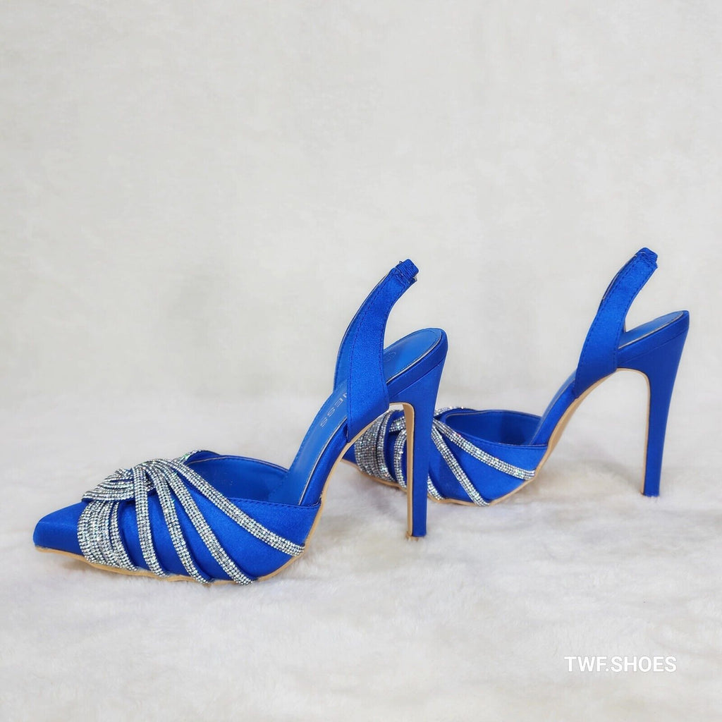 Elegance Slip on Slingback Blue Satin Rhinestone Pointy Toe High Heels Shoes