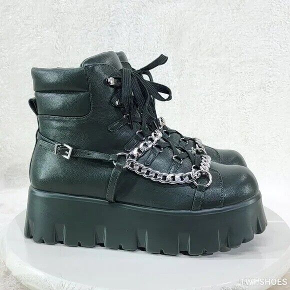 Emo Stomp 2" Platform Stomper Ankle Boots With Chain Design Faux Leather Green