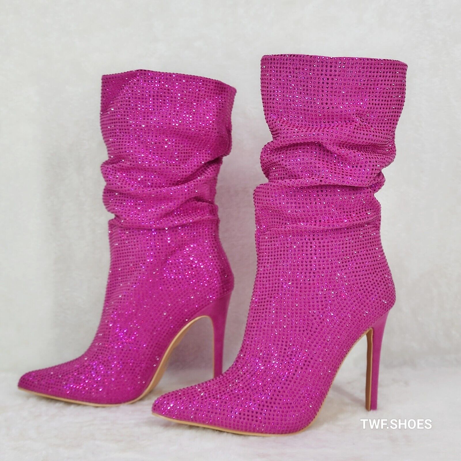 Resolve Sparkling Pink Rhinestone High Heel Slouch Calf Boots New Years Bling - Totally Wicked Footwear