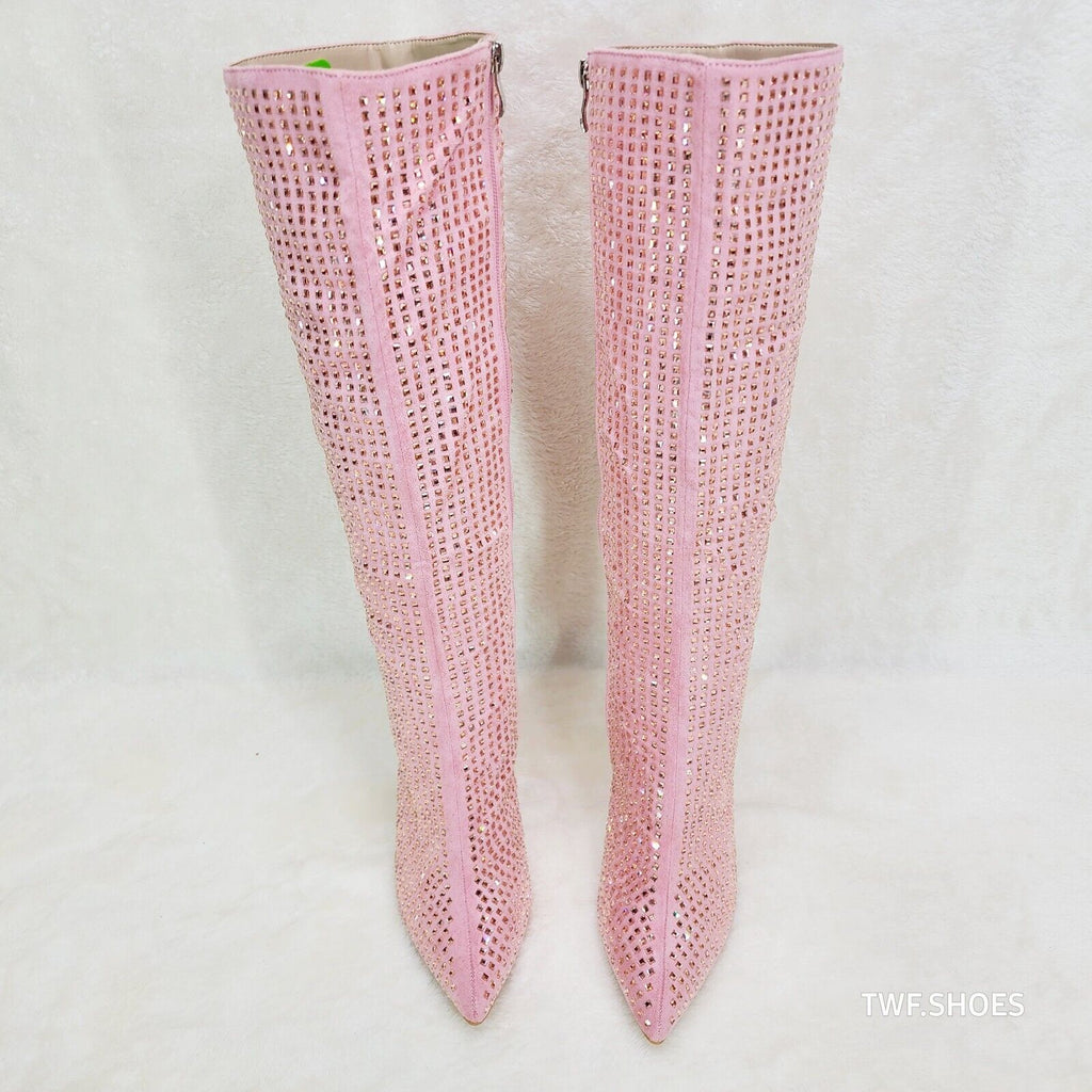 Glamour Shot Mirrored Rhinestone Tinted 4" Pyramid Heel Knee Boots Baby Pink - Totally Wicked Footwear