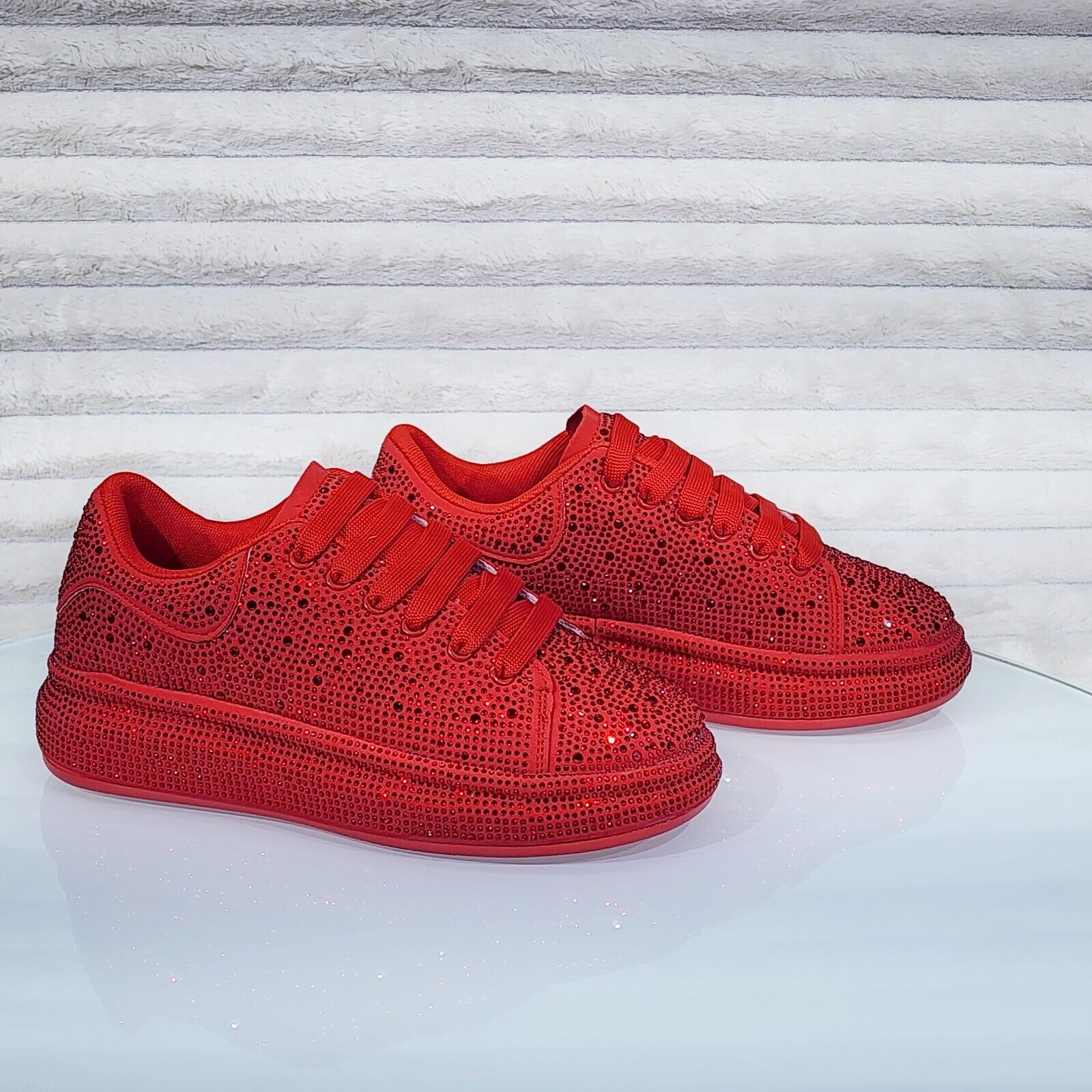 Dazzle Cush Red Rhinestone Comfy Platform Sneakers Tennis Shoes - Totally Wicked Footwear