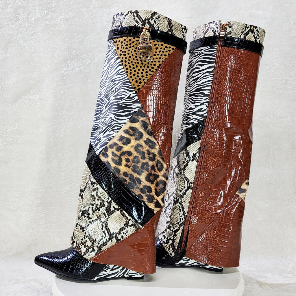 Forbidden Multi Animal Print Skirted Fold Over Wedge Heel Knee Boots - Totally Wicked Footwear