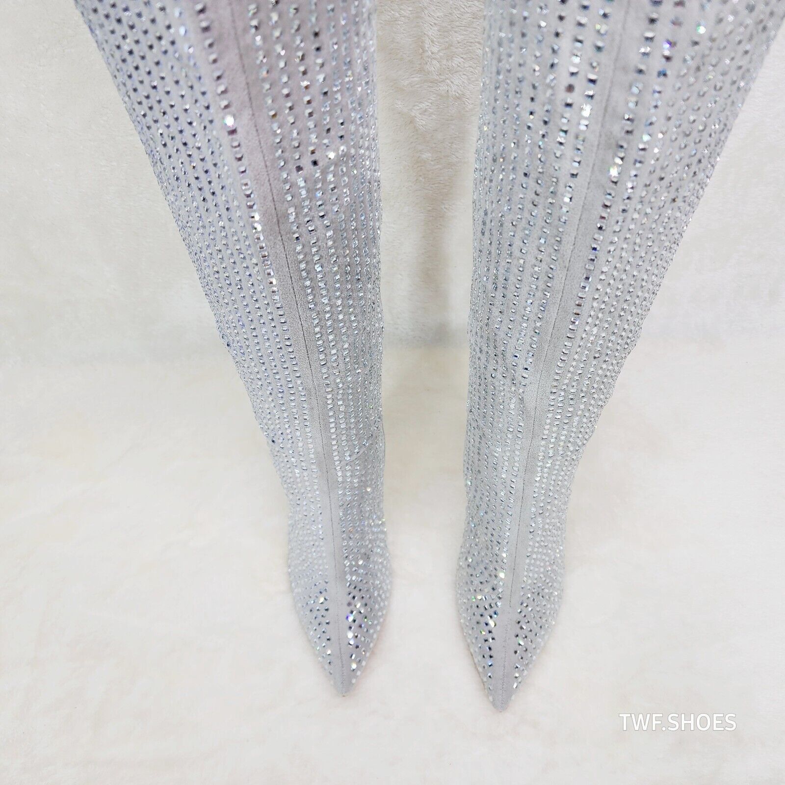 Glamour Shot Mirrored Rhinestone 4" Pyramid Heel Knee Boots Silver Gray - Totally Wicked Footwear